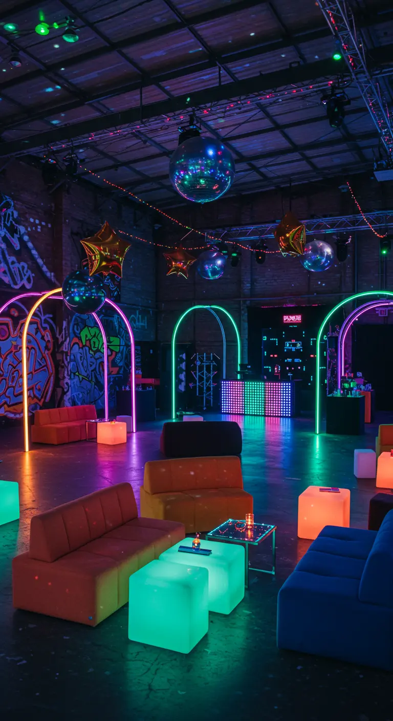 Salle de fête avec des arcs lumineux néon colorés en fond, des canapés et des cubes lumineux.