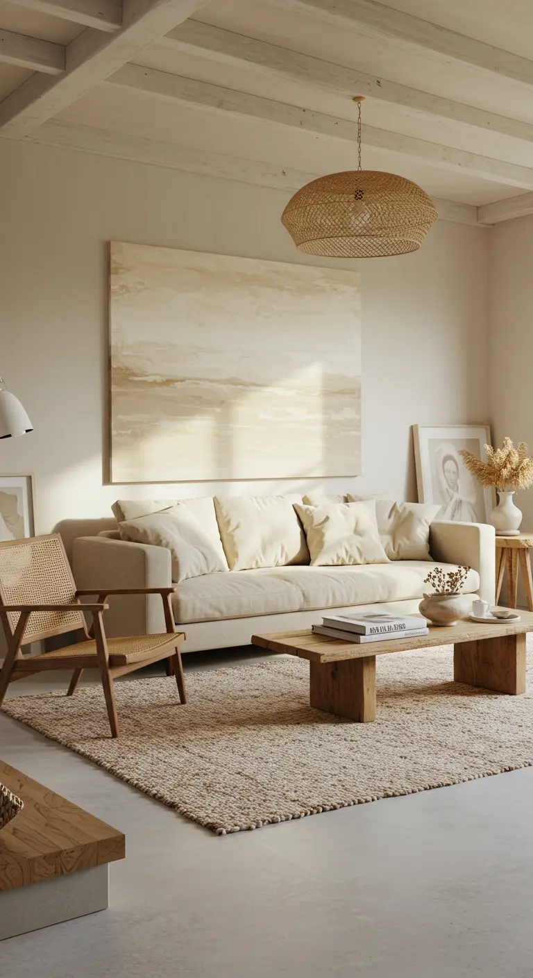 Salon élégant avec canapé crème, table basse en bois et une grande toile abstraite aux tons neutres.