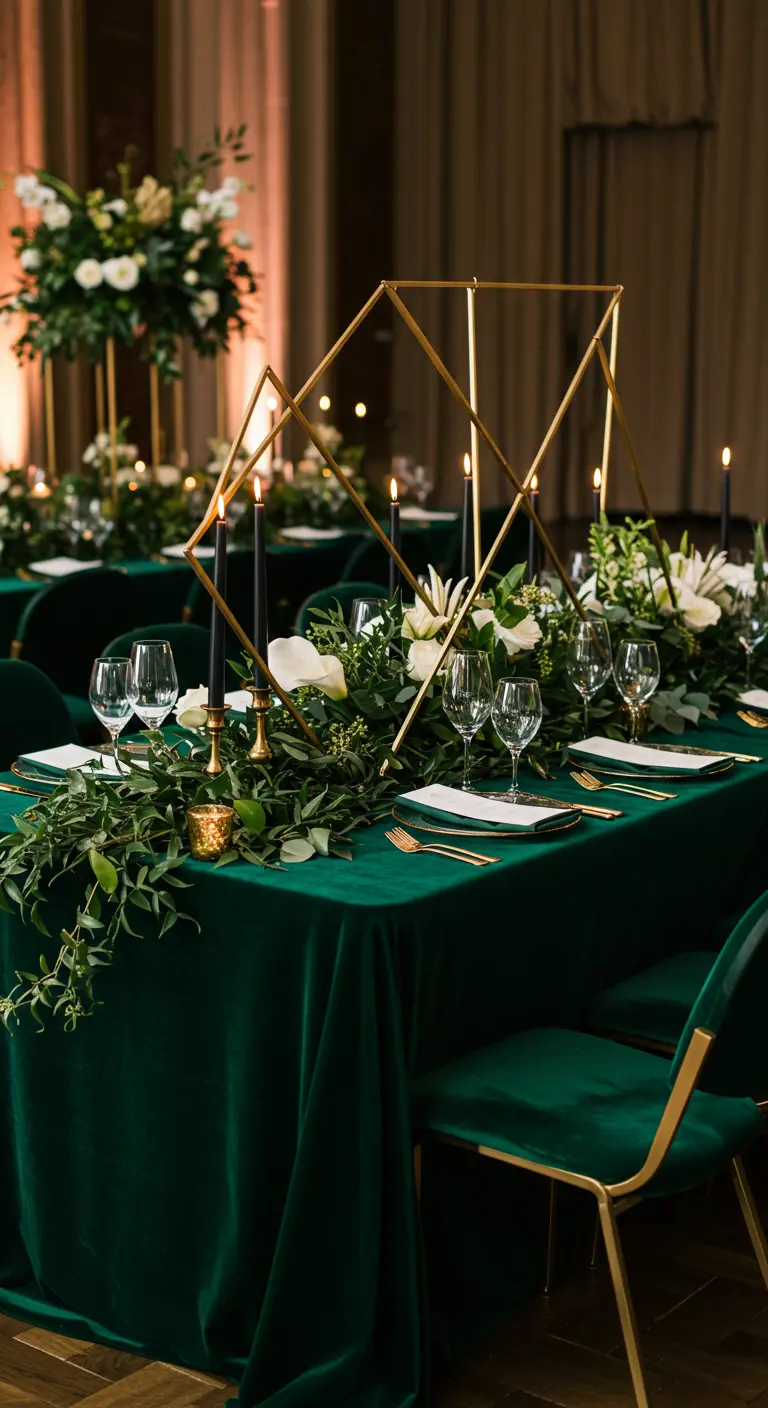 Table de fête glamour avec nappe en velours vert, structure dorée et fleurs blanches