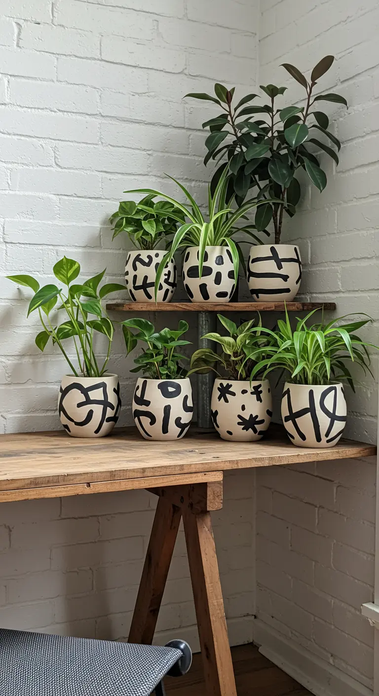 Plantes variées dans des pots blancs avec des motifs noirs abstraits sur une étagère en bois.
