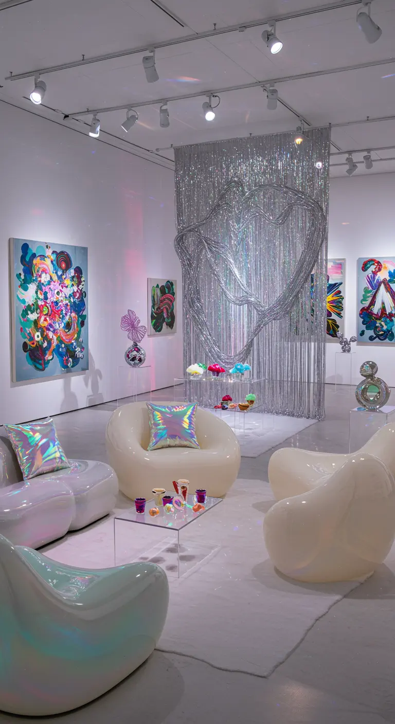 Un espace moderne avec des meubles blancs irisés, un rideau de guirlandes argentées et des coussins holographiques.
