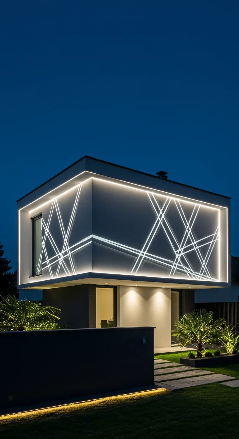 Façade moderne avec des lignes lumineuses LED blanches dessinant des motifs géométriques abstraits.