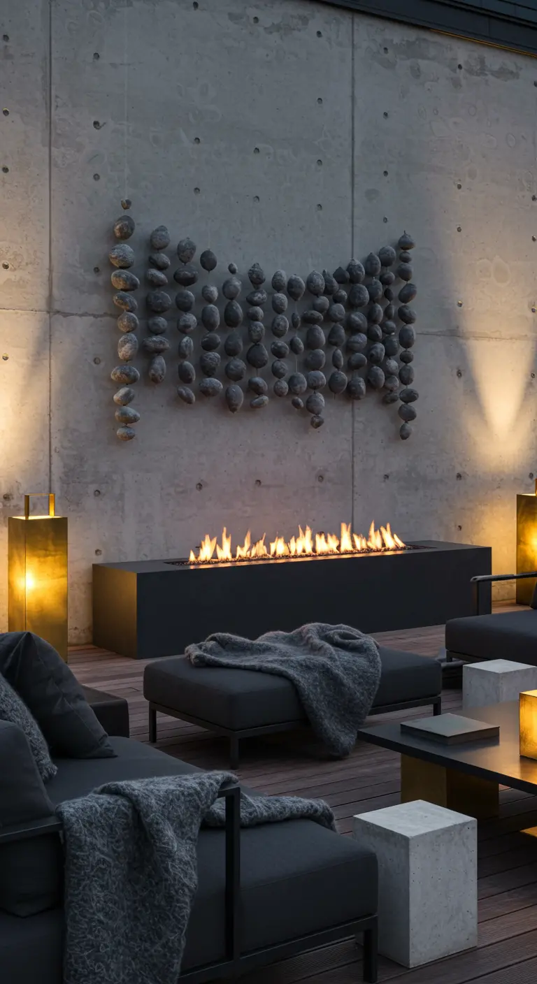 Terrasse moderne avec un long brasero à gaz et une sculpture murale en galets.