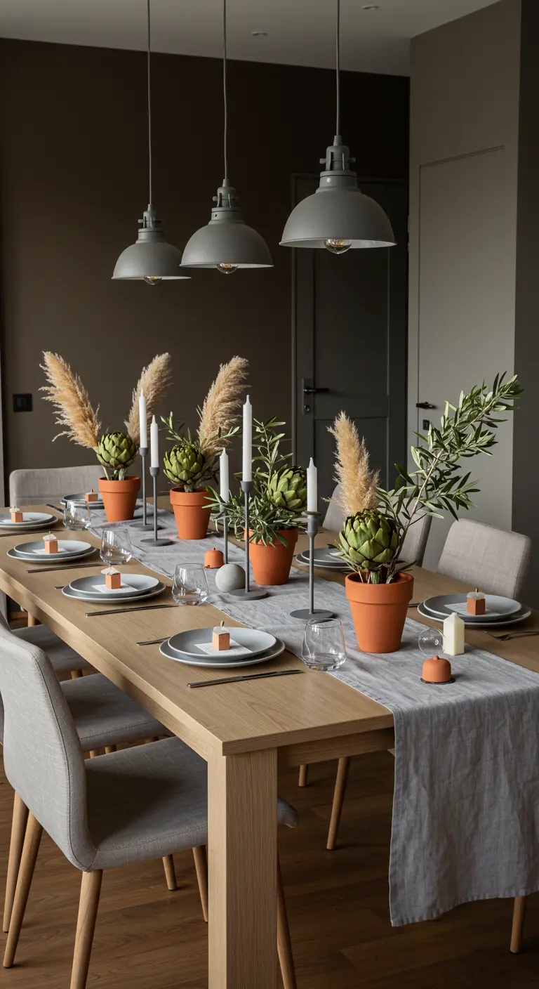 Longue table en bois clair avec chemin de table gris, pots d'artichauts, pampas et bougeoirs blancs.