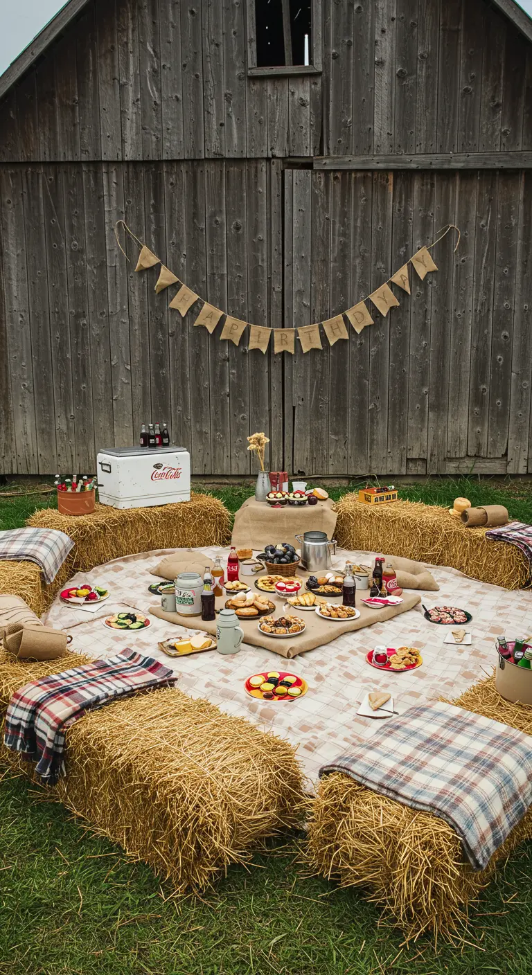 Pique-nique d'anniversaire rustique avec des bottes de foin comme sièges.