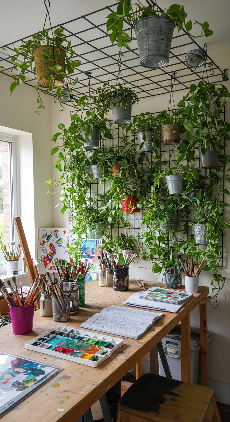 Atelier d'artiste avec une grille murale et plafond remplie de pots de plantes vertes retombantes.