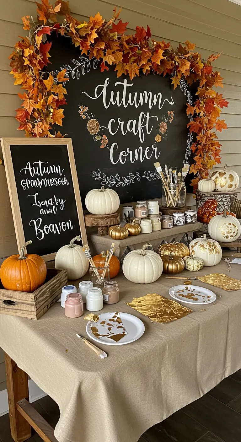 Coin bricolage pour décorer des citrouilles avec de la peinture et des feuilles d'or.