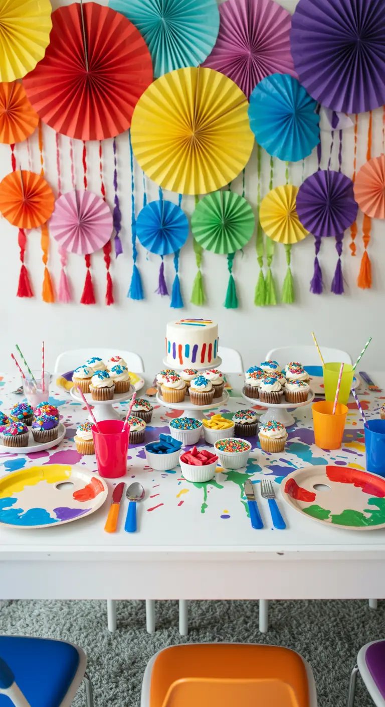 Table de fête artistique avec rosaces en papier colorées et assiettes en forme de palette.