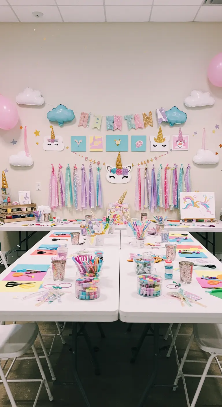 Table d'atelier créatif licorne avec fournitures d'art et décorations murales thématiques.
