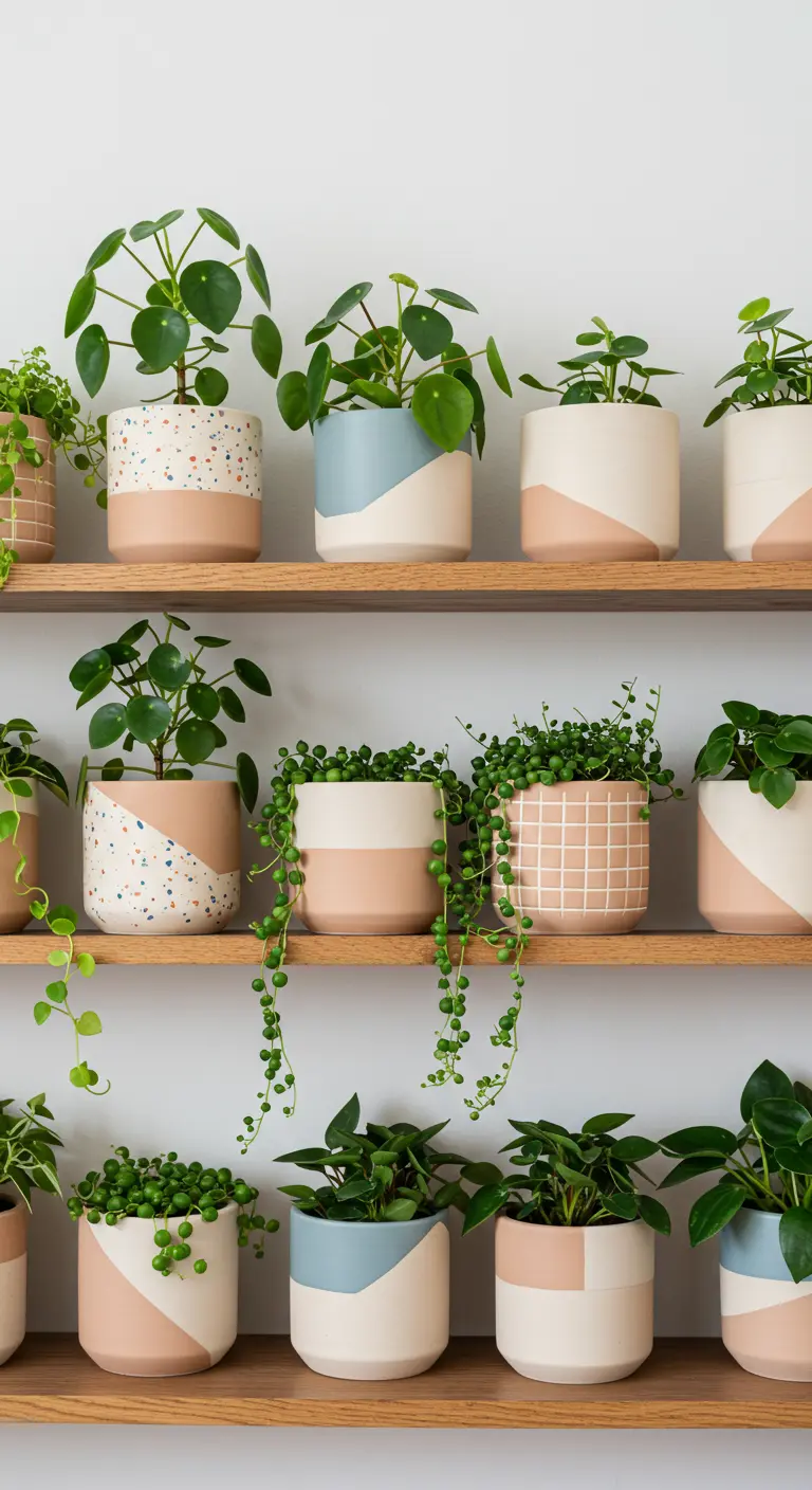 Étagères en bois avec des petits pots peints de motifs variés.