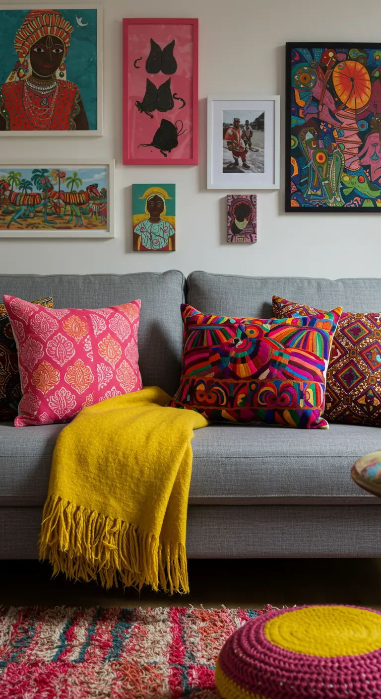 Canapé gris devant un mur de cadres, couvert de coussins très colorés et à motifs variés, style éclectique.
