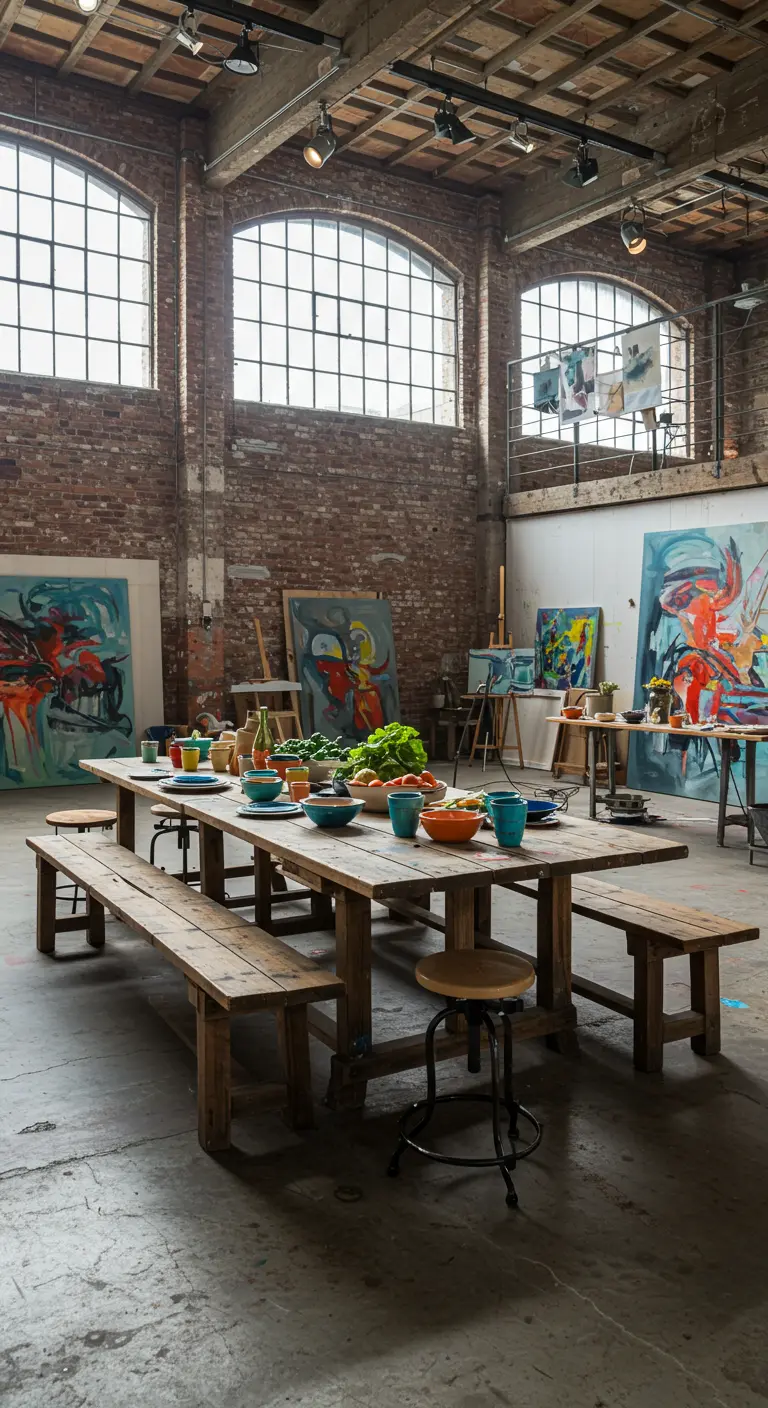 Grande table en bois dans un atelier d'artiste avec vaisselle colorée et bancs.