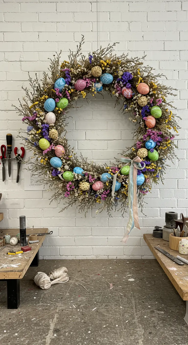 Grande couronne sauvage avec fleurs séchées et œufs multicolores dans un atelier d'artisan.
