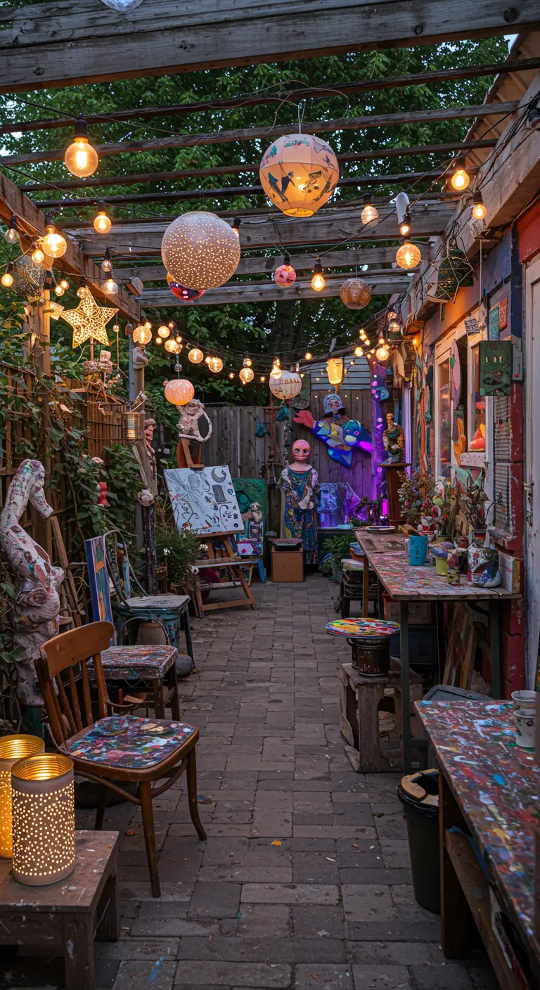 Cour d'atelier d'artiste avec lampions, guirlandes, objets d'art, mobilier dépareillé et plantes.