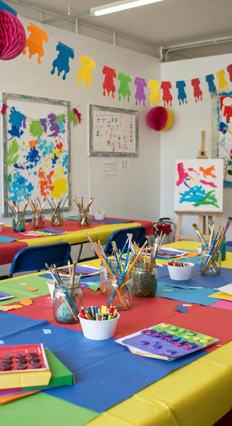 Salle de fête d'art pour enfants avec des éclaboussures de peinture, des guirlandes colorées et des pots de fournitures.