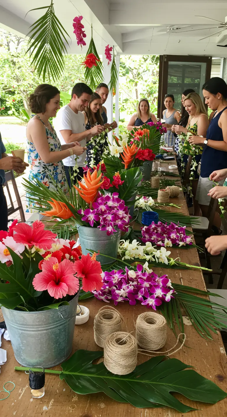 Groupe de personnes fabriquant des colliers de fleurs hawaïens (leis).
