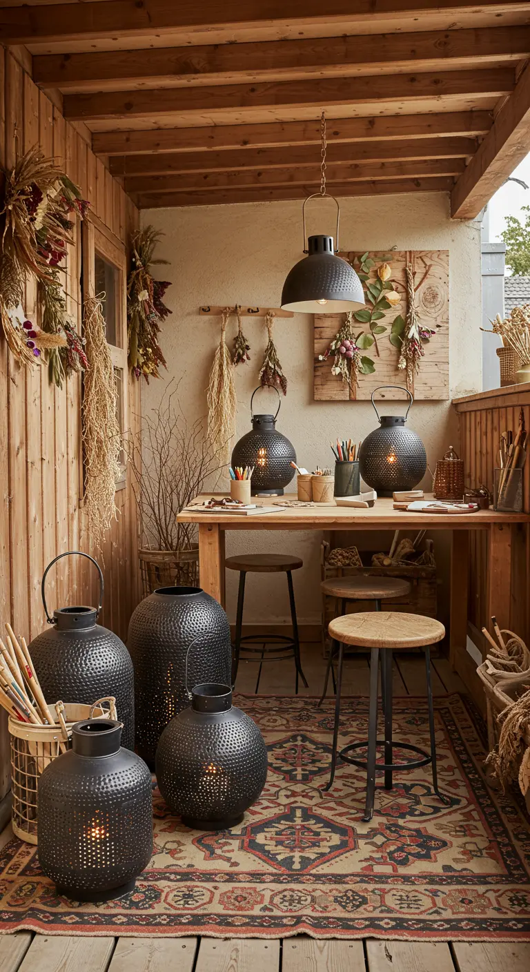 Coin balcon/patio rustique avec établi en bois, décorations florales séchées, lanternes noires et tapis à motifs.