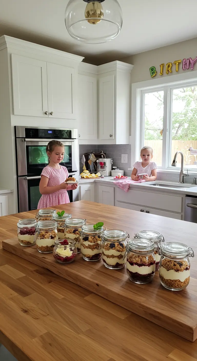 Desserts en couches dans des bocaux en verre préparés par des enfants dans une cuisine.