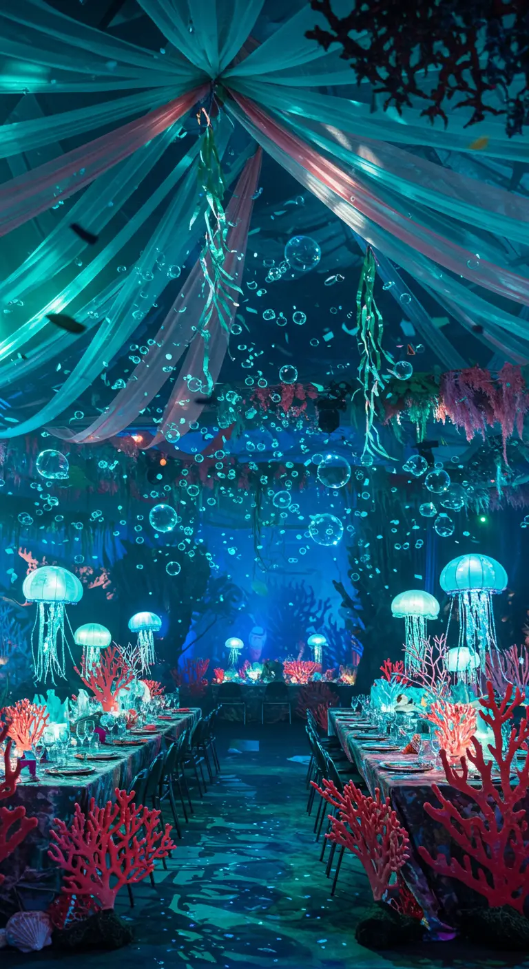 Salle décorée sur le thème sous-marin avec méduses lumineuses, coraux et bulles.