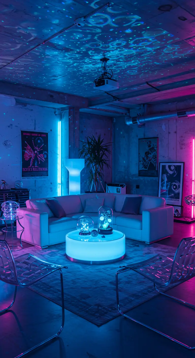 Table basse ronde illuminée en bleu et rose avec des orbes lumineuses, dans un salon cyberpunk rétro.