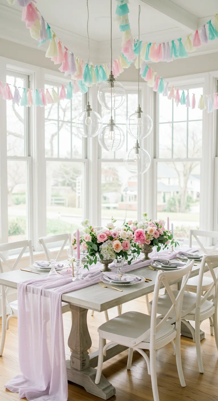 Salle à manger lumineuse avec guirlande pastel, chemin de table lavande et grands bouquets.