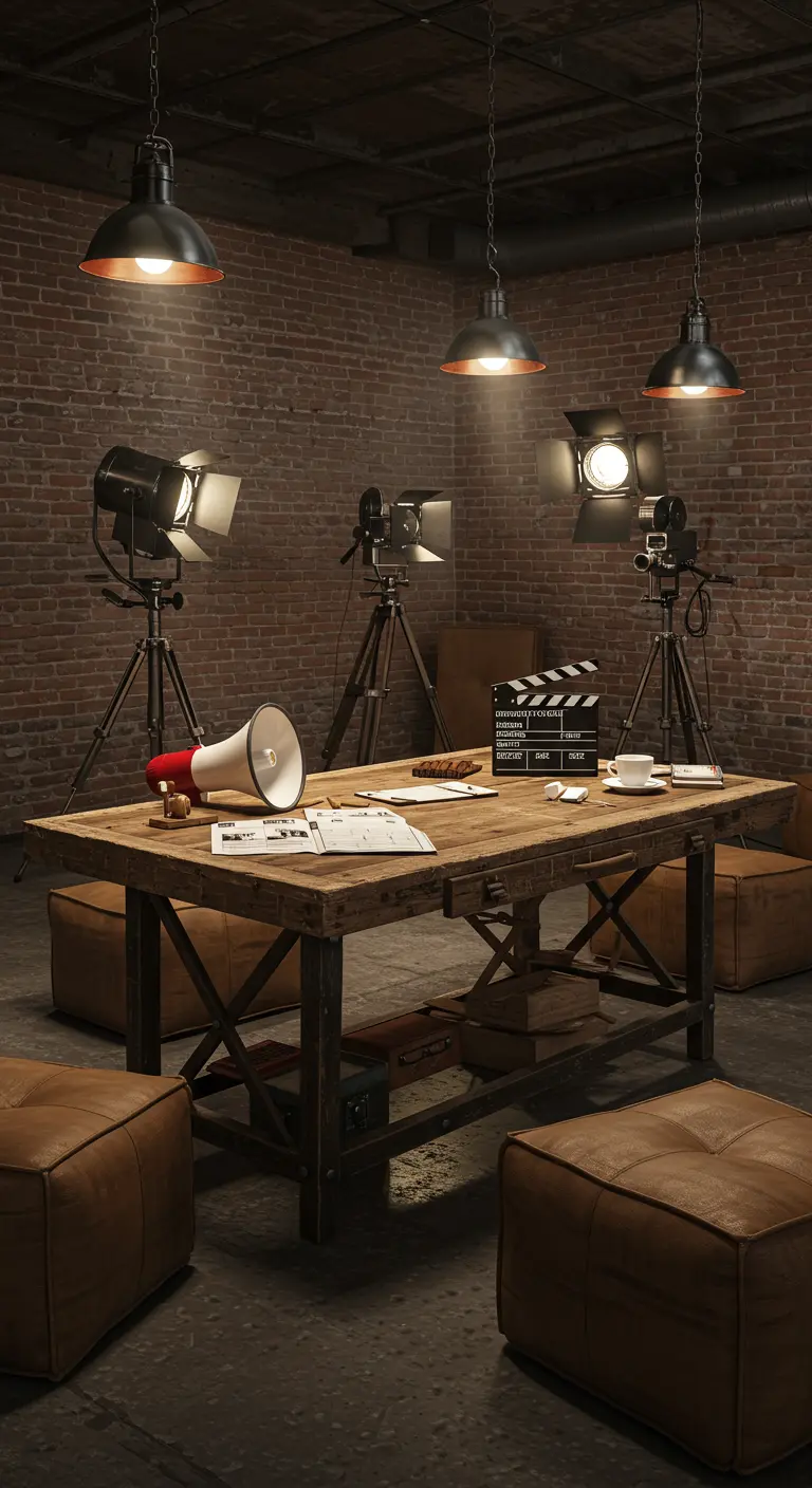 Table en bois brut avec chaises en cuir, projecteurs de cinéma et clap sur une table.