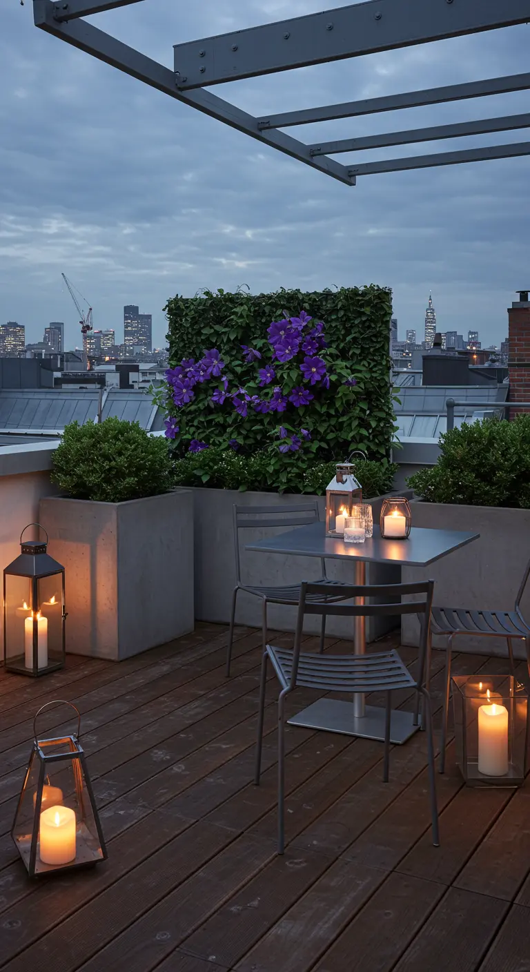 Bistro set en métal sur un rooftop urbain, avec des jardinières en béton, un mur végétal et des lanternes.