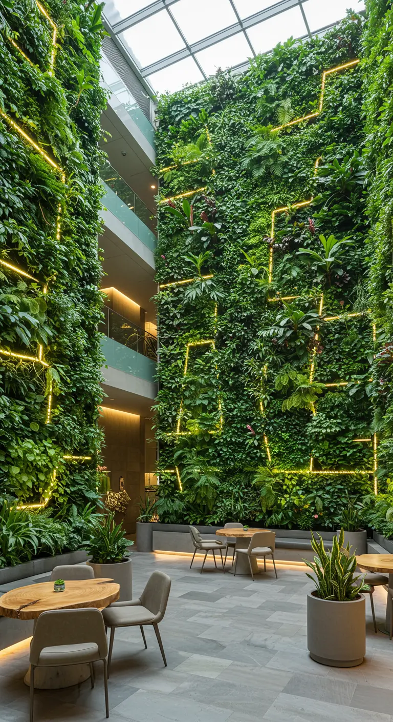 Atrium moderne avec de hauts murs végétaux éclairés par des bandes LED, tables en bois et chaises grises.