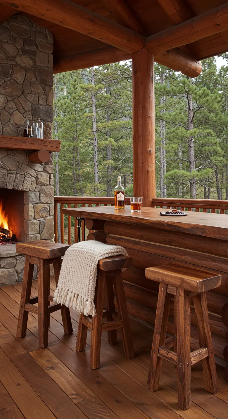 Bar rustique en rondins de bois sur la terrasse d'un chalet avec cheminée.