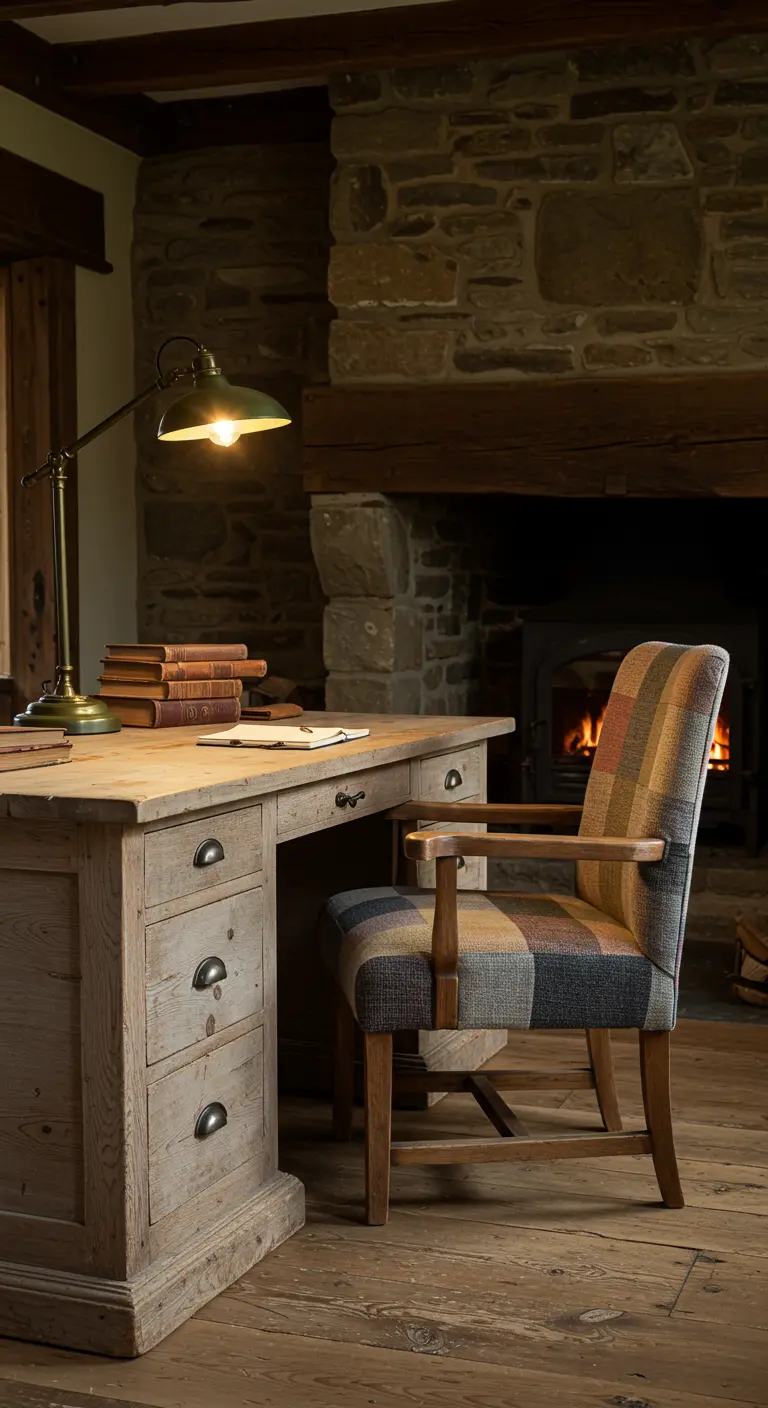 Bureau rustique en bois près d'une cheminée en pierre, avec une chaise en patchwork.