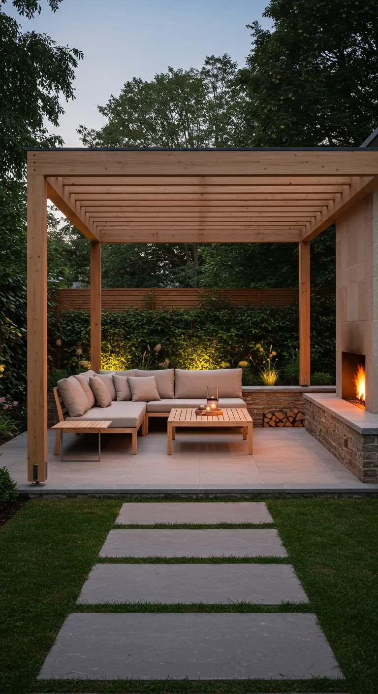 Pergola en bois moderne avec un salon d'angle et une cheminée extérieure allumée.