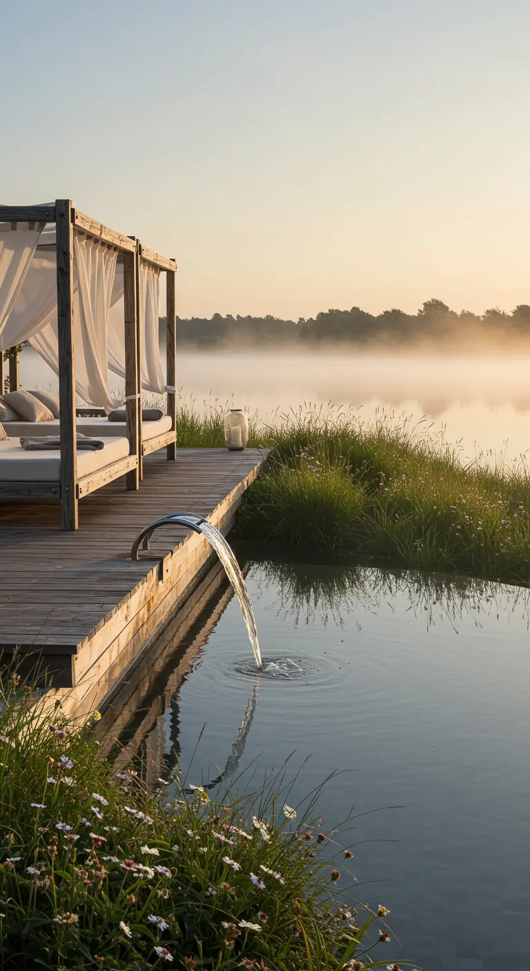 Lit de jour à baldaquin en bois sur un deck s'avançant sur un lac brumeux au lever du soleil.