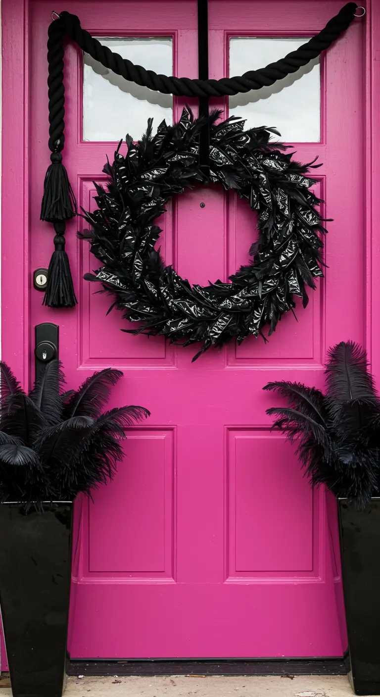Porte rose vif avec une couronne de plumes noires et une corde noire.