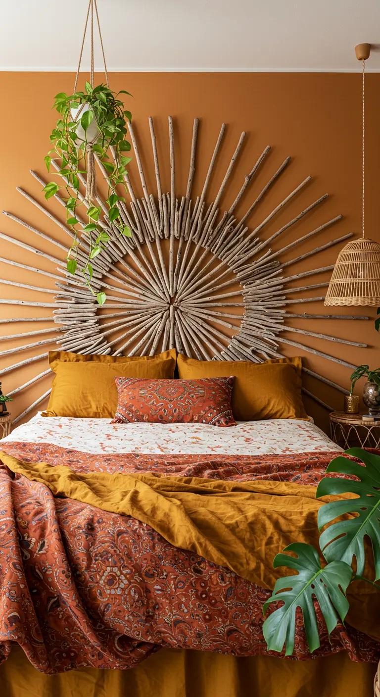 Tête de lit en bois flotté formant un grand soleil rayonnant sur un mur ocre.