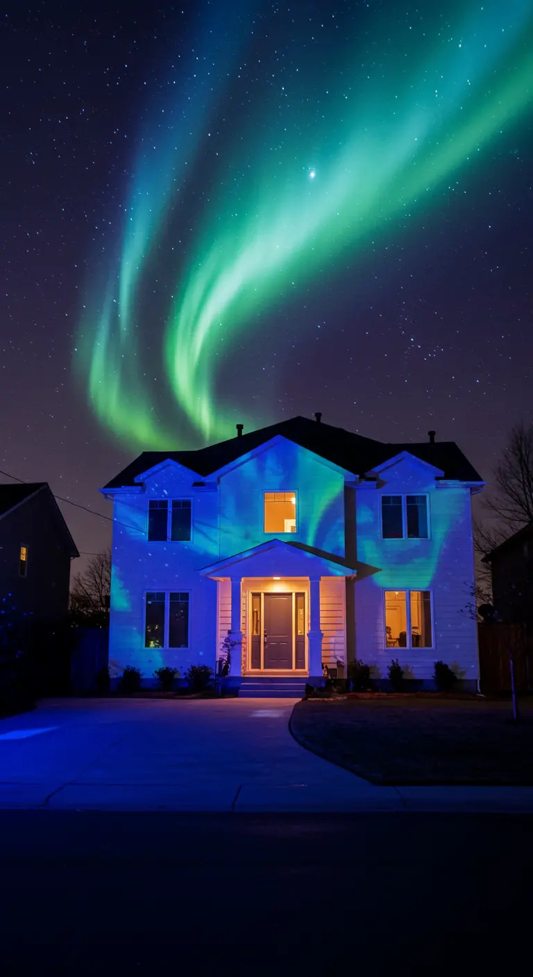 Maison blanche illuminée par une projection d'aurore boréale verte et bleue dans le ciel nocturne.