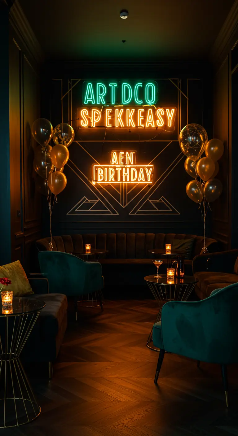 Salle de fête avec une projection d'aurore boréale au plafond, un buffet lumineux et des ballons transparents.