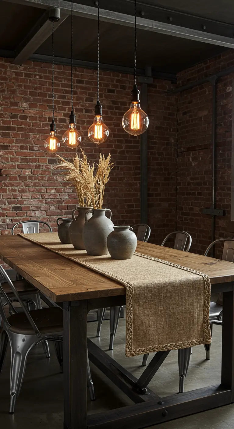 Chemin de table en jute tressée avec des vases en poterie et des épis de blé séchés.