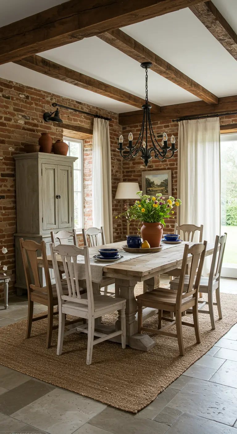 Salle à manger rustique avec murs en briques, table en bois massif et vase en terre cuite.