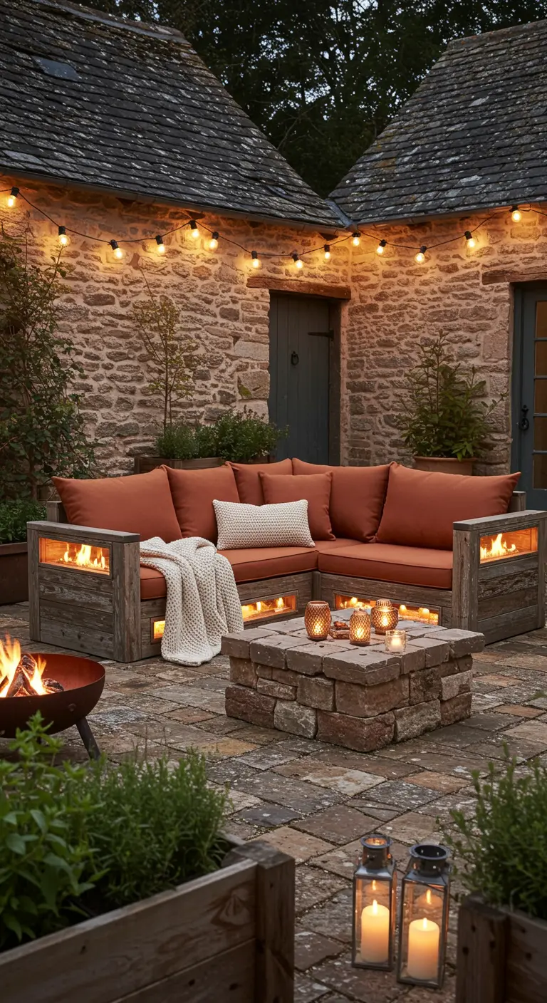 Canapé d'angle en bois rustique avec LED chaudes et feux intégrés, cour en pierre.