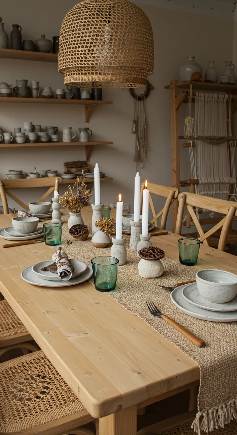 Table en bois clair avec vaisselle en céramique, chemin de table tressé, herbes séchées et bougies fines.