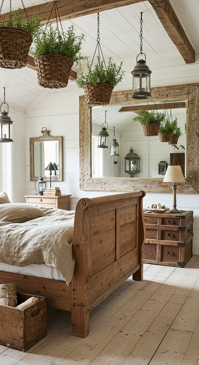 Chambre rustique avec lit en bois, poutres apparentes, grand miroir vieilli et herbes aromatiques suspendues.