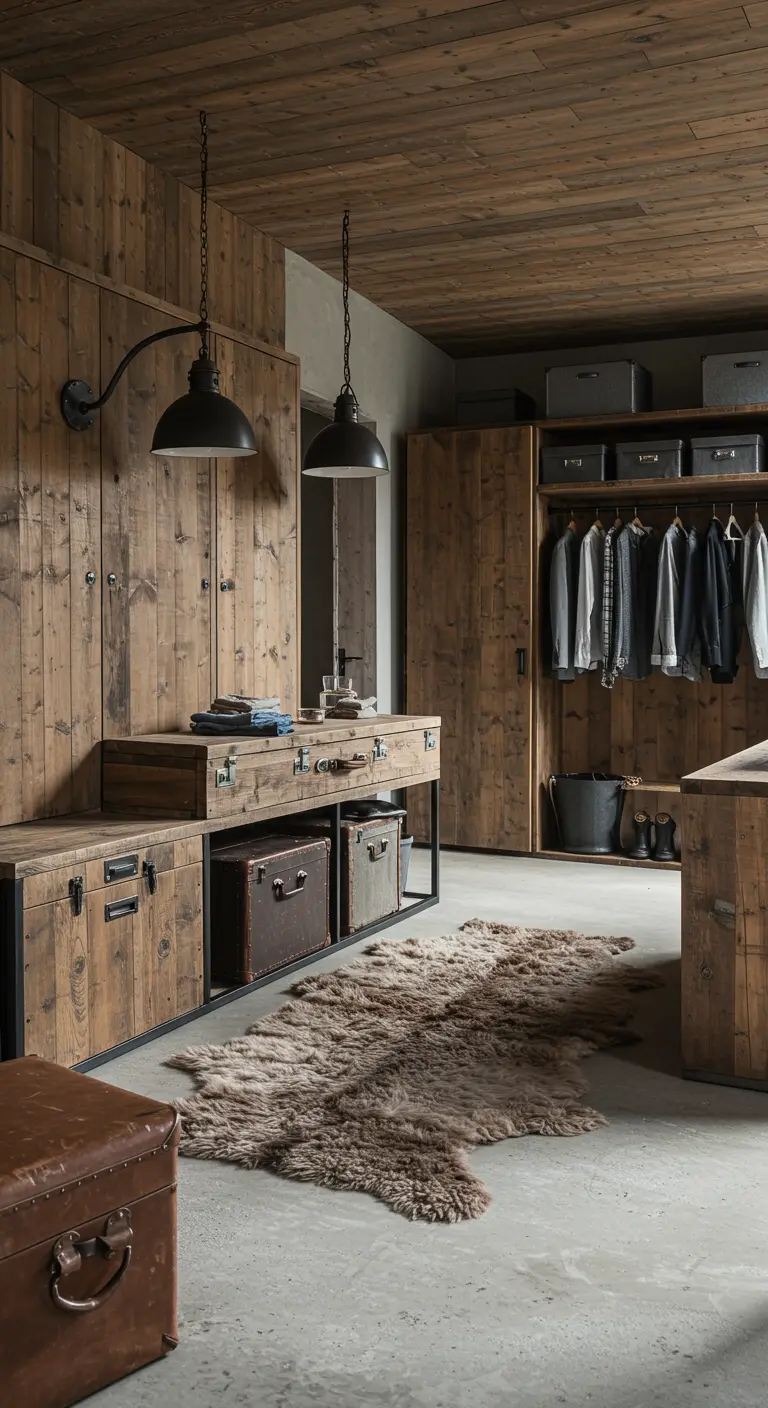 Dressing rustique en bois brut avec éclairage industriel, malles vintage et tapis fourrure.