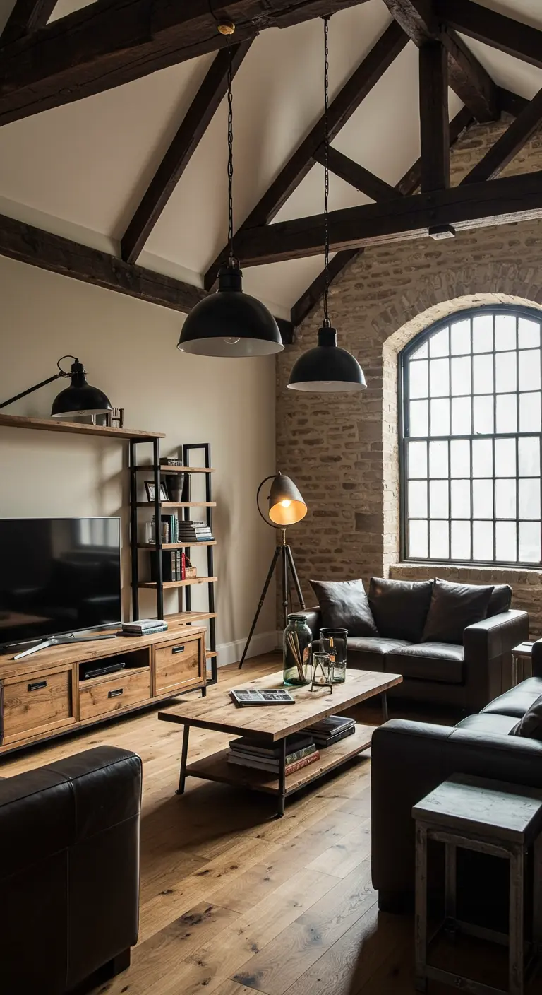 Salon avec mur en pierre apparente, poutres en bois, canapés en cuir marron et mobilier industriel.