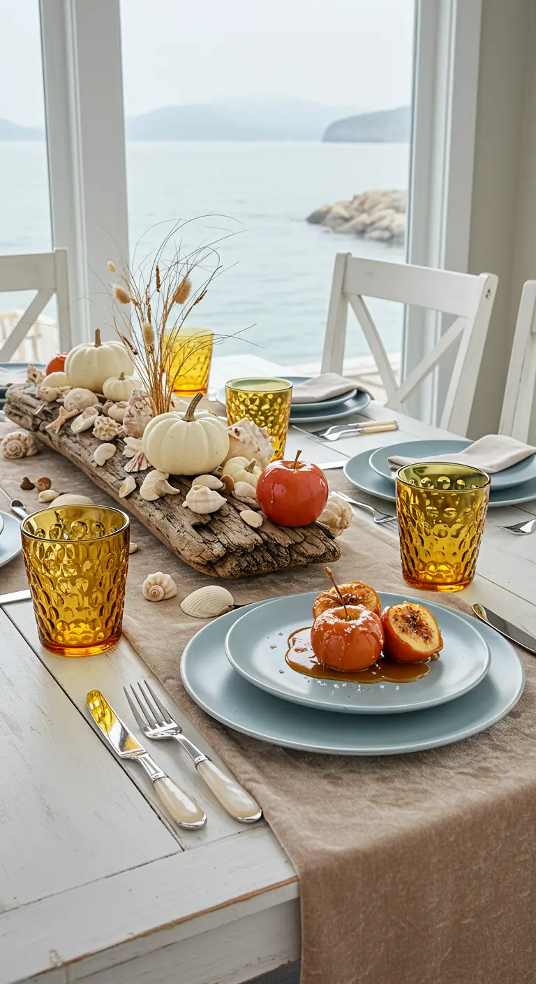Table avec vue sur la mer, décorée de bois flotté et de citrouilles.