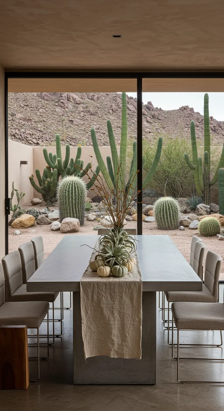 Table moderne en béton avec chemin de table en lin et plantes grasses.