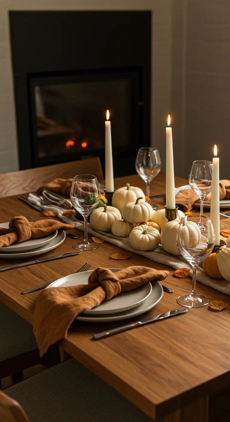 Table en bois d'automne avec des mini-citrouilles blanches et des serviettes couleur rouille.