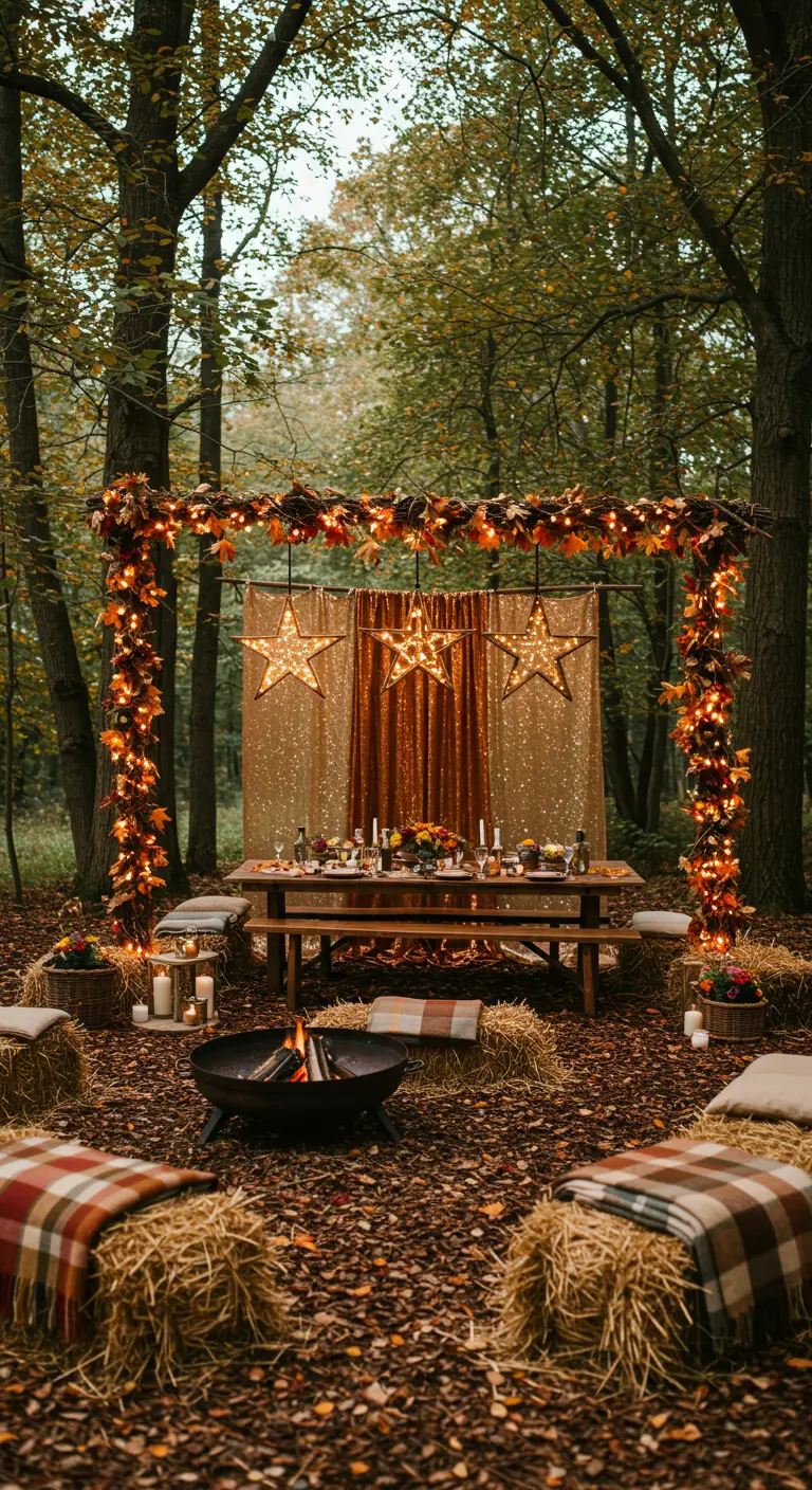 Table de dîner automnale en forêt sous une arche de feuilles lumineuses et étoiles en rotin.