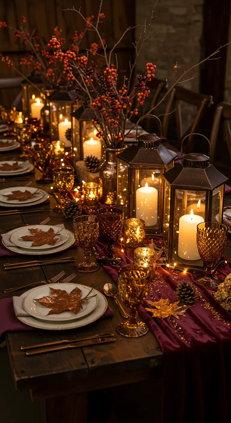 Table d'automne chaleureuse avec chemin de table rouge velours, feuilles dorées et lanternes.