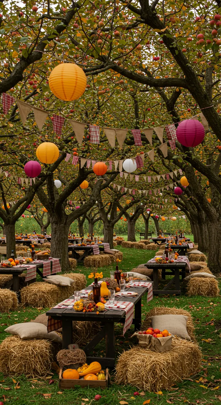Fête d'automne dans un verger avec des tables en bois, bottes de paille, lampions colorés et décorations de récolte.