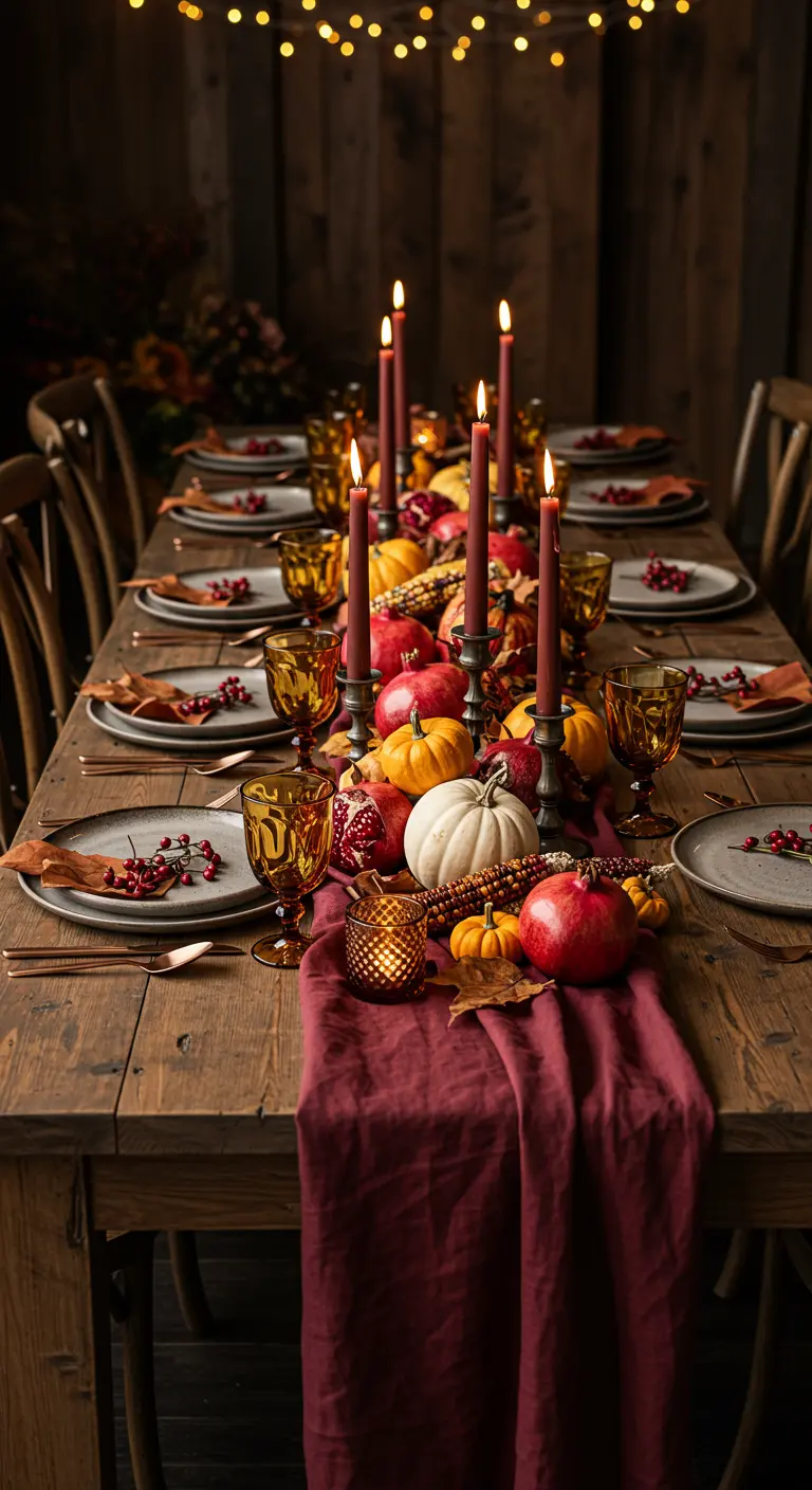 Table d'automne avec chemin bordeaux, citrouilles, grenades, épis de maïs et bougies hautes.